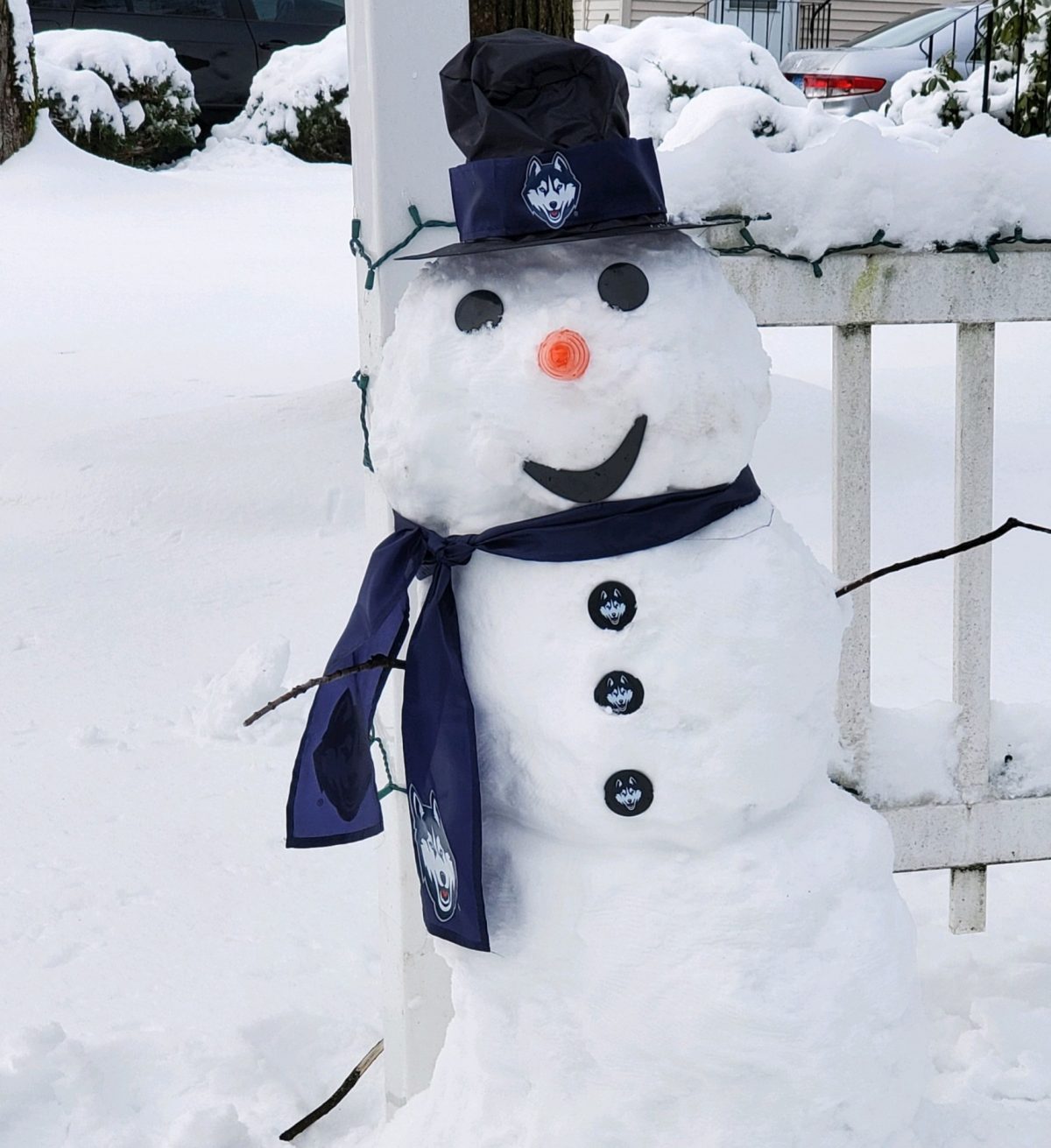 Snowman with top hat and scarf.