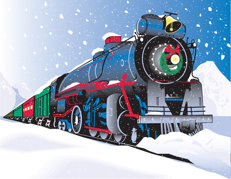 Decorative blue red and green Christmas train on a track in the snow